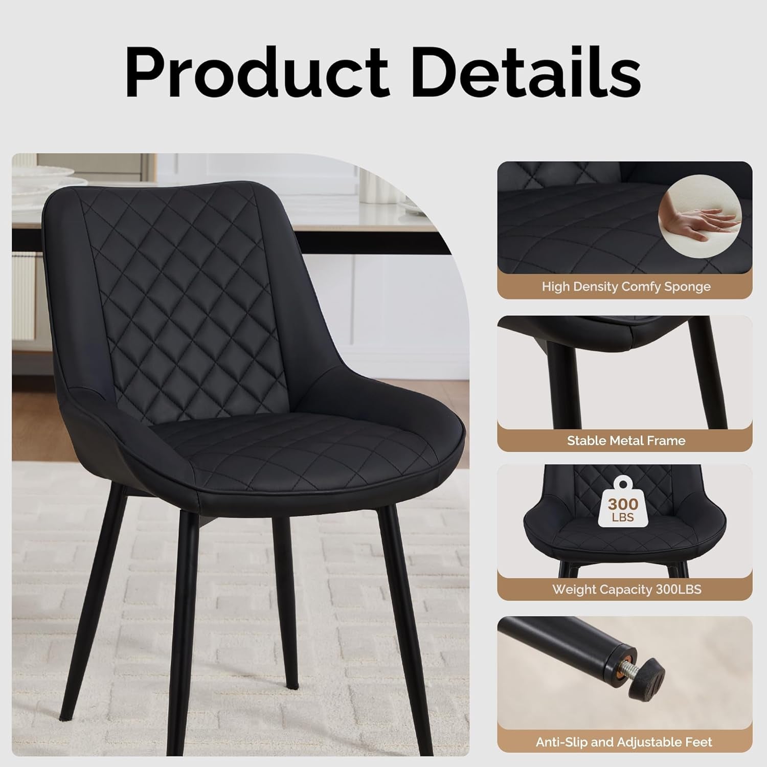 Dining Chair Set of 4, Modern Dining Chairs with Thick Cushions, Faux Leather Upholstered Kitchen Dining Room Chairs with Metal Adjustable Legs for Dining Living Room, Black