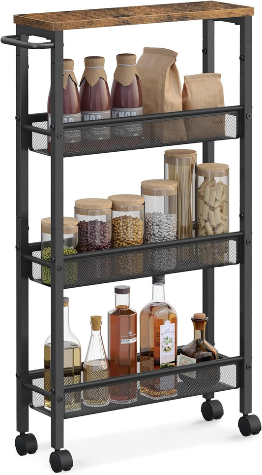 Slim Rolling Cart, 4-Tier Narrow Storage Cart with Handle, 5.1 Inches Deep, Metal Frame, for Kitchen, Dining Room, Living Room, Home Office, Rustic Brown and Classic Black ULRC032B01V1