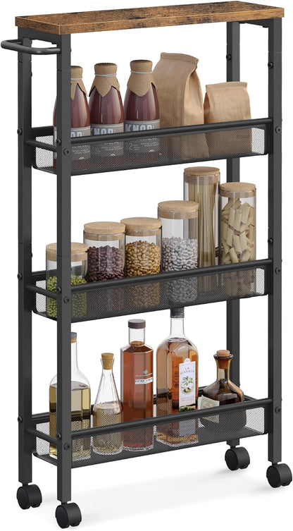 Slim Rolling Cart, 4-Tier Narrow Storage Cart with Handle, 5.1 Inches Deep, Metal Frame, for Kitchen, Dining Room, Living Room, Home Office, Rustic Brown and Classic Black ULRC032B01V1