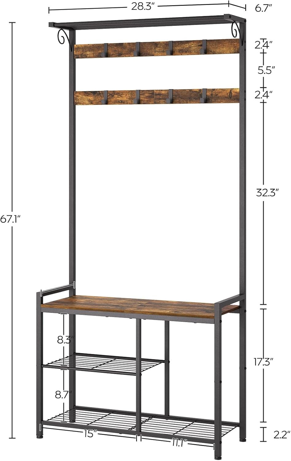 Coat Rack Shoe Bench, 4-In-1 Hall Tree with Storage Shelves and Hanging Rod, Entryway Storage Organizer with 8 Movable Hooks, for Entryway, Hallway, Corridor, Rustic Brown and Black MT12BR