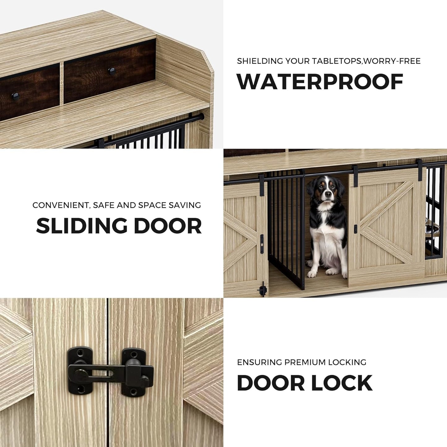 63" Double Dog Crate Furniture – Wooden Dog Kennel Indoor with Sliding Doors, Adjustable Bowls & Storage Drawers – Large Dog Crate TV Stand for 2 Dogs, Beige Wood Grain