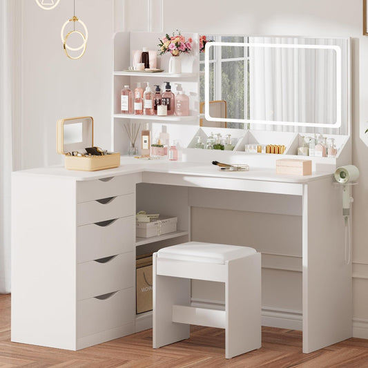 Vanity Desk with Mirror, L Shape Vanity, LED Lighted Mirror, with Power Outlet and 3 Storage Shelves, Makeup Table with 5 Drawers, 3 Color Modes, for Bedroom(White)