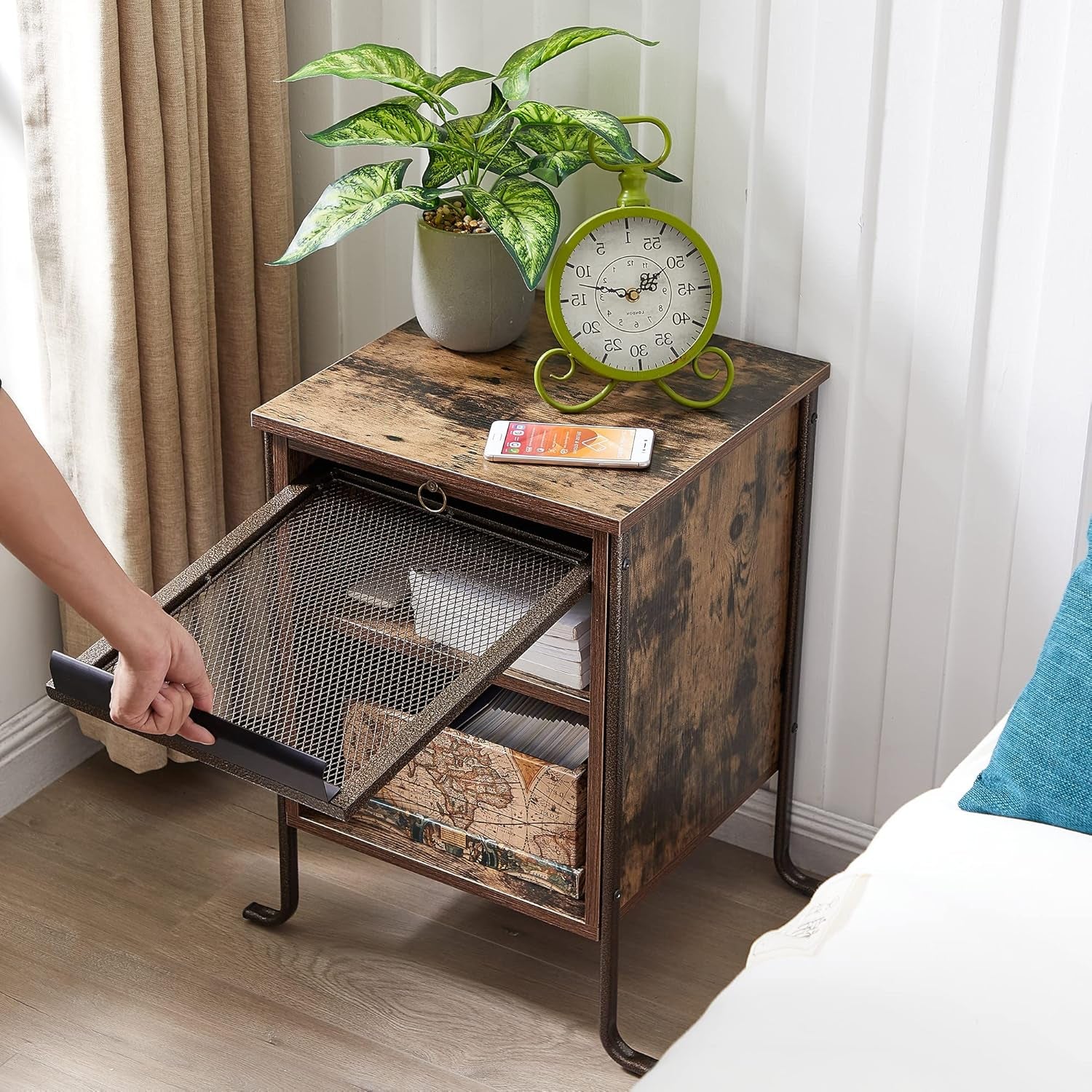 Side/End Table with Pull-Out Tray and 2 Tier Storage Shelf for Small Spaces/Chairside/Bedside Bedroom, Nightstand Steel Frame, Rustic Brown