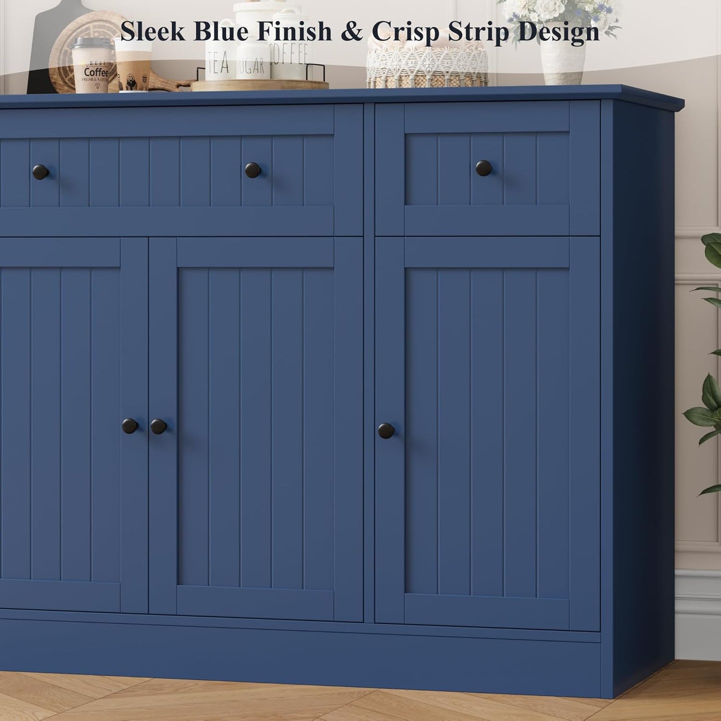 55" Sideboard Buffet Cabinet with Storage, Modern Kitchen Buffet Storage Cabinet with Drawers, Wood Coffee Bar with Adjustable Shelves, Large Sideboard for Kitchen, Living Room, Blue