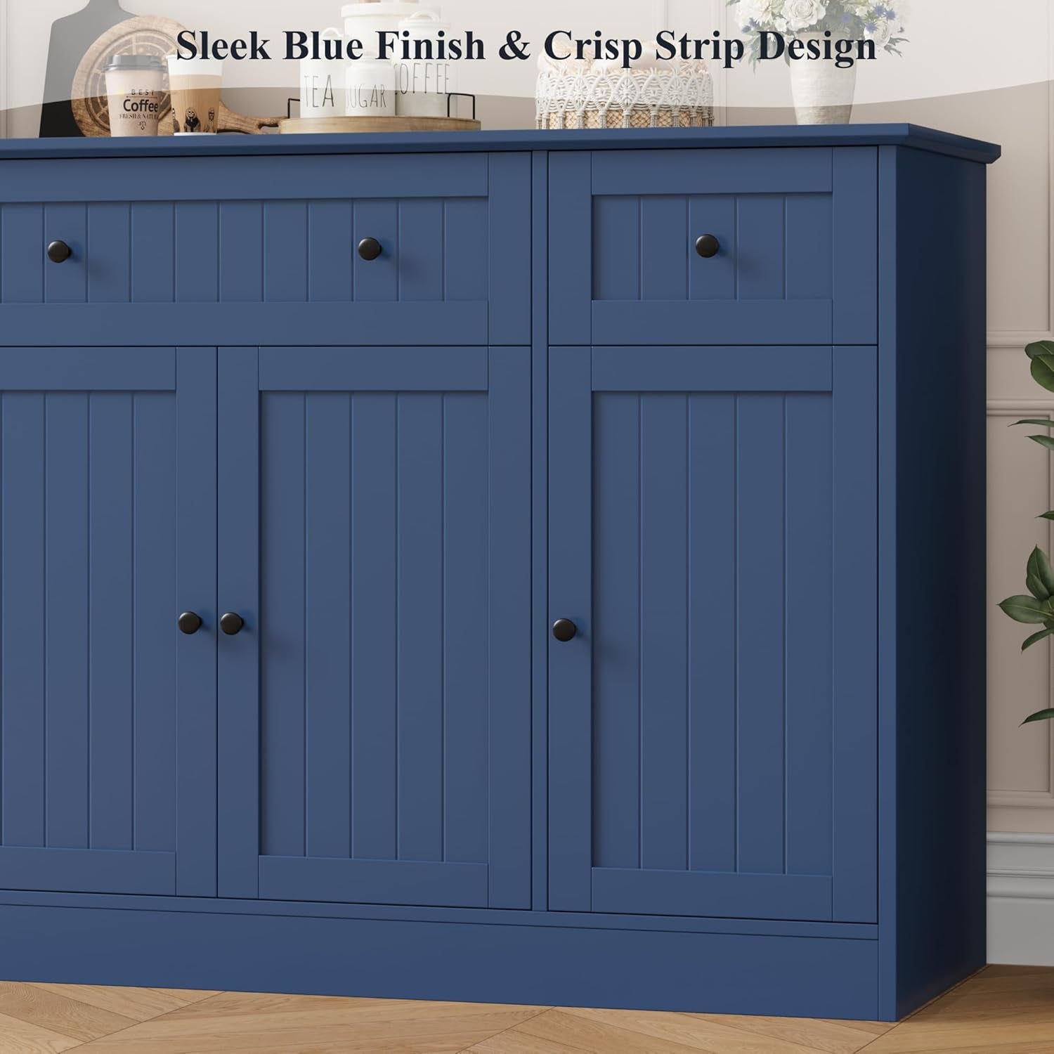 55" Sideboard Buffet Cabinet with Storage, Modern Kitchen Buffet Storage Cabinet with Drawers, Wood Coffee Bar with Adjustable Shelves, Large Sideboard for Kitchen, Living Room, Blue