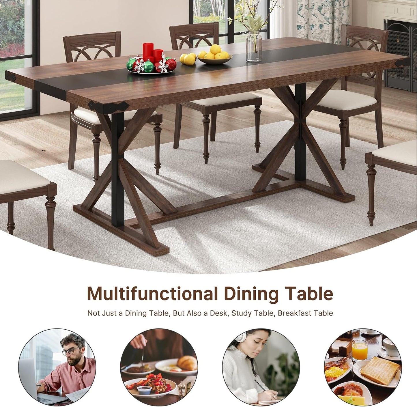 71 Inch Dining Table for 6 People, Rectangular Kitchen Farmhouse Table W/Thickness Waterproof Wood Tabletop,Long Dining Room Tables W/Wood Strip Base for Kitchen Living Room(Br)