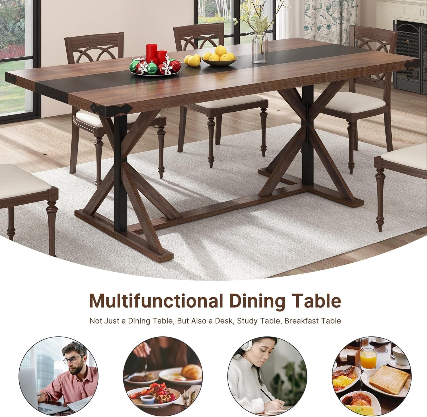 71 Inch Dining Table for 6 People, Rectangular Kitchen Farmhouse Table W/Thickness Waterproof Wood Tabletop,Long Dining Room Tables W/Wood Strip Base for Kitchen Living Room(Br)