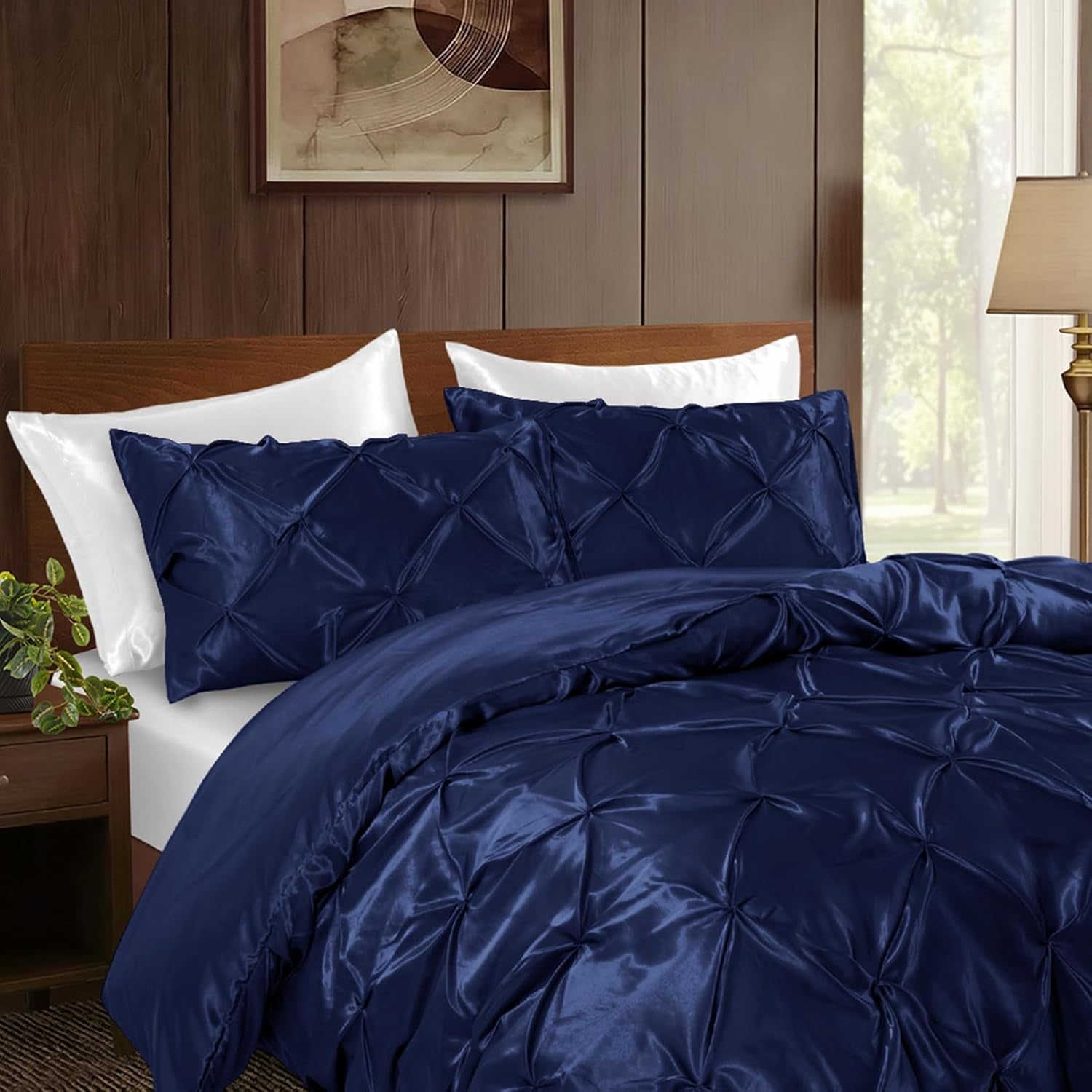 Pintuck Satin Pillowcase King Size Set of 2, Navy Blue Satin Pillow Shams Pinch Pleated Silky Smooth Pillow Covers for Hair, Decorative Pillow Case with Envelope Closure