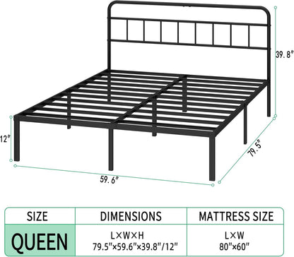 Queen Bed Frame with Classic Headboard,Strong Metal Slats Support,Under Bed Storage Space,No Box Spring Needed,Easy to Assemble,Black