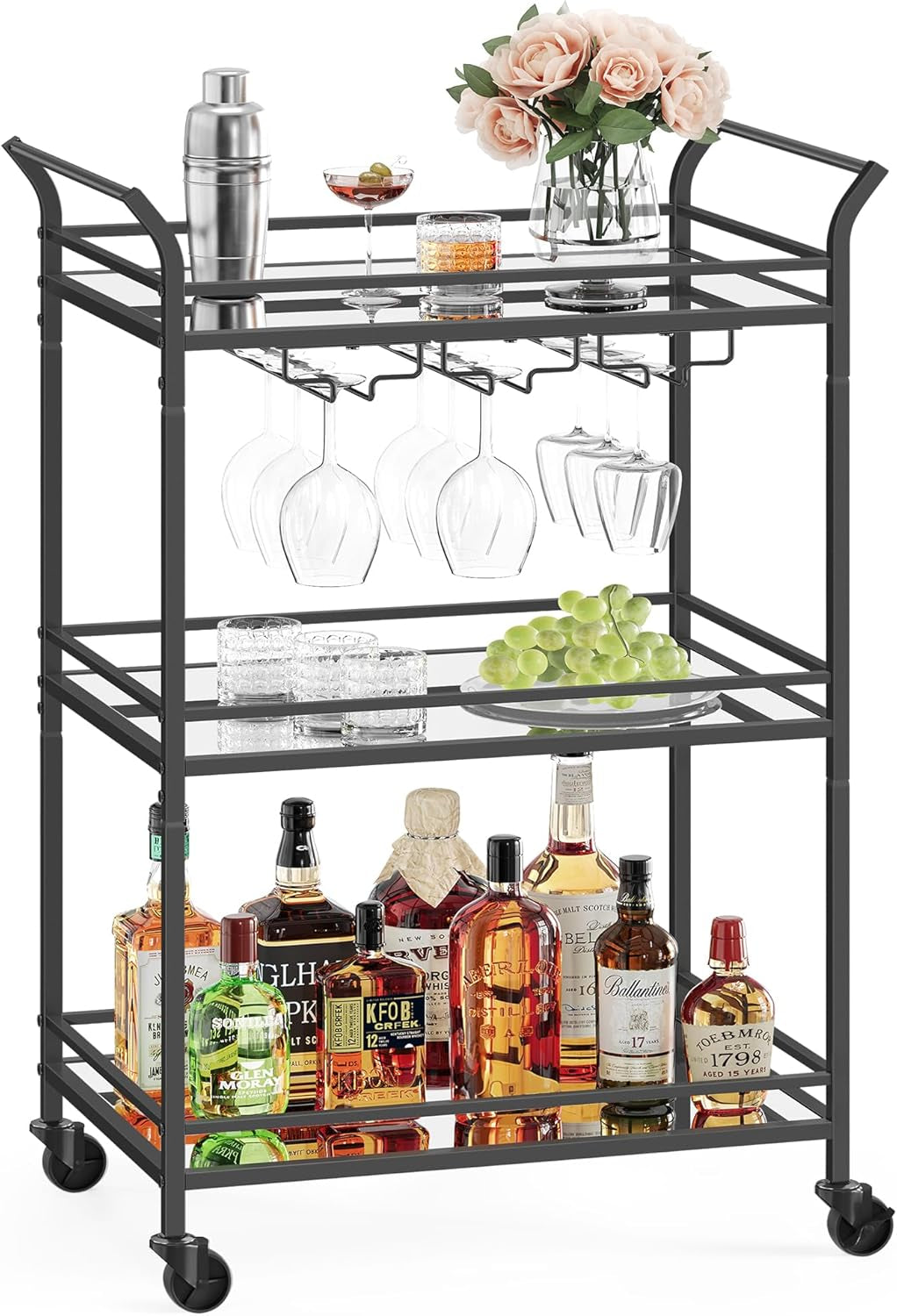Bar Cart Black, Small Home Bar Serving Cart with 3-Tier Mirrored Shelf, Wine Holders, Glass Holders, for Small Spaces, Kitchen, 15 X 23.6 X 36.2 Inches, Black ULRC100B01