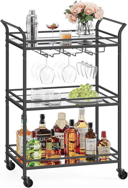 Bar Cart Black, Small Home Bar Serving Cart with 3-Tier Mirrored Shelf, Wine Holders, Glass Holders, for Small Spaces, Kitchen, 15 X 23.6 X 36.2 Inches, Black ULRC100B01