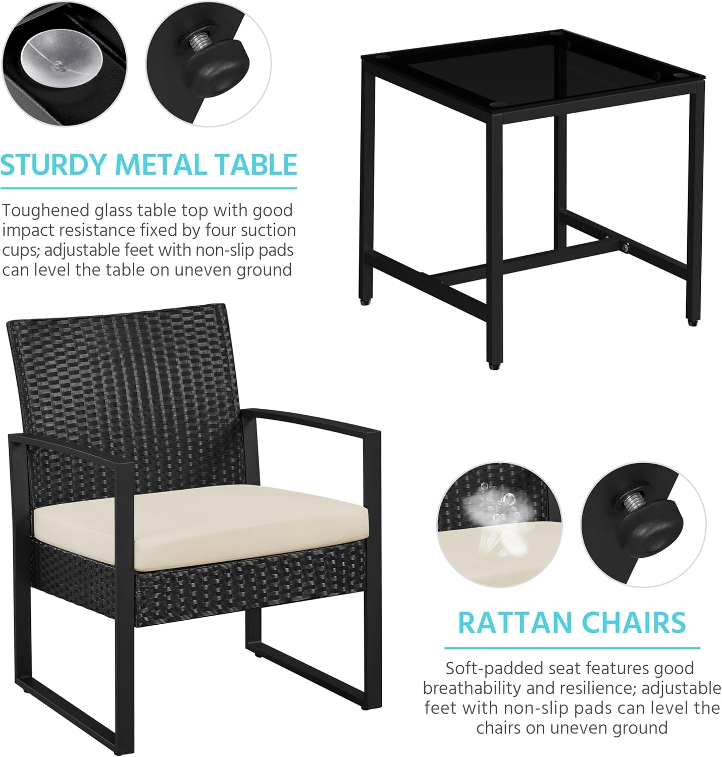 3 Pieces Rattan Bistro Set, Outdoor Wicker Patio Modern Conversation Furniture, 2 Chairs & Tempered Glass Coffee Table for Garden, Balcony, Backyard, Poolside, Black/Beige