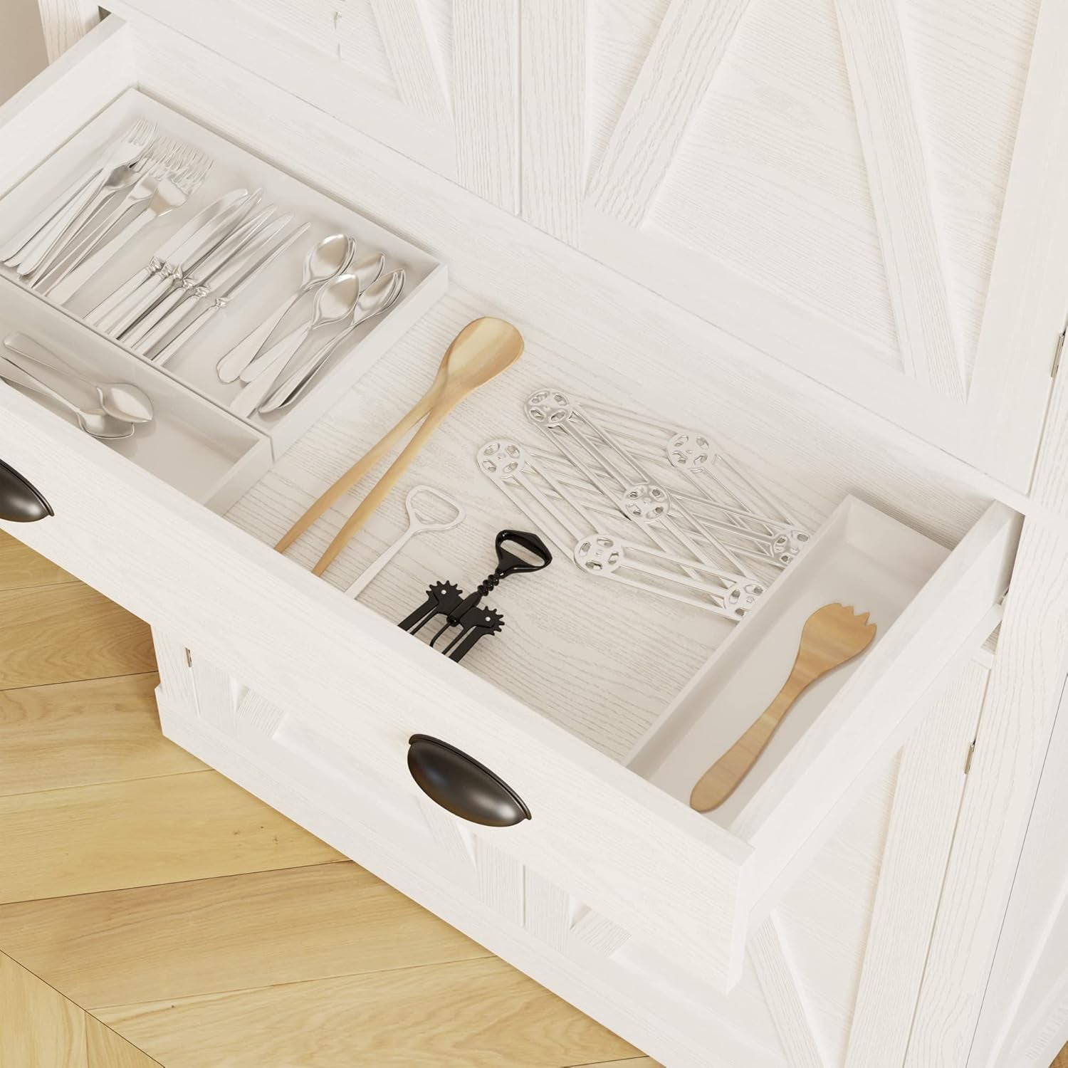 Kitchen Pantry Storage Cabinet 72.6" H X 24" W, with Barn Doors, Drawer, 4 Adjustable Shelves, Freestanding Cupboard, Laundry, White