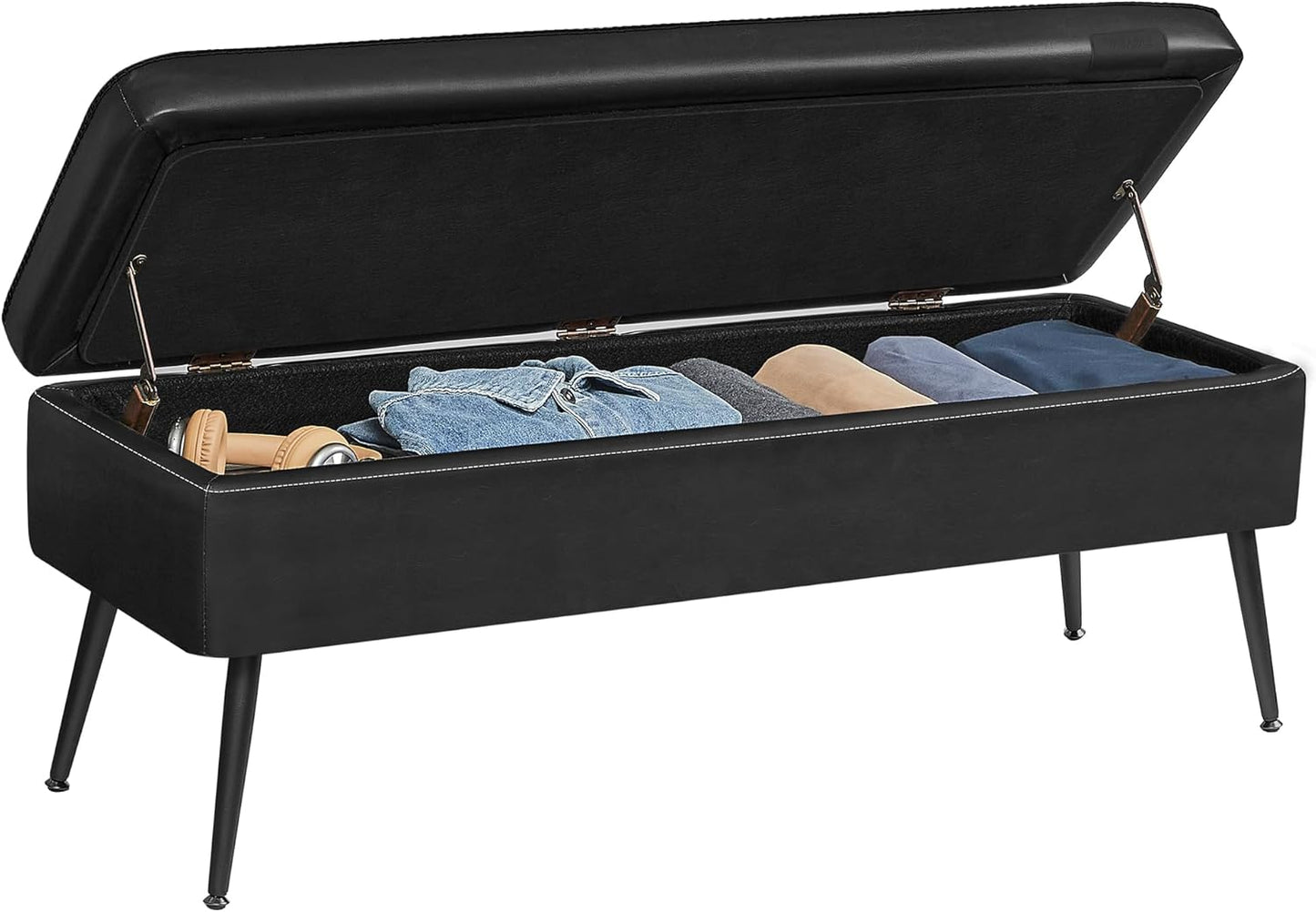 EKHO Collection - Storage Ottoman Bench, Entryway Bedroom Bench, 15 Gallons, Synthetic Leather with Stitching, Mid-Century Modern, Safety Hinges, Loads 660 Lb, Ink Black ULOM074B01