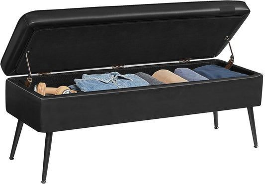 EKHO Collection - Storage Ottoman Bench, Entryway Bedroom Bench, 15 Gallons, Synthetic Leather with Stitching, Mid-Century Modern, Safety Hinges, Loads 660 Lb, Ink Black ULOM074B01