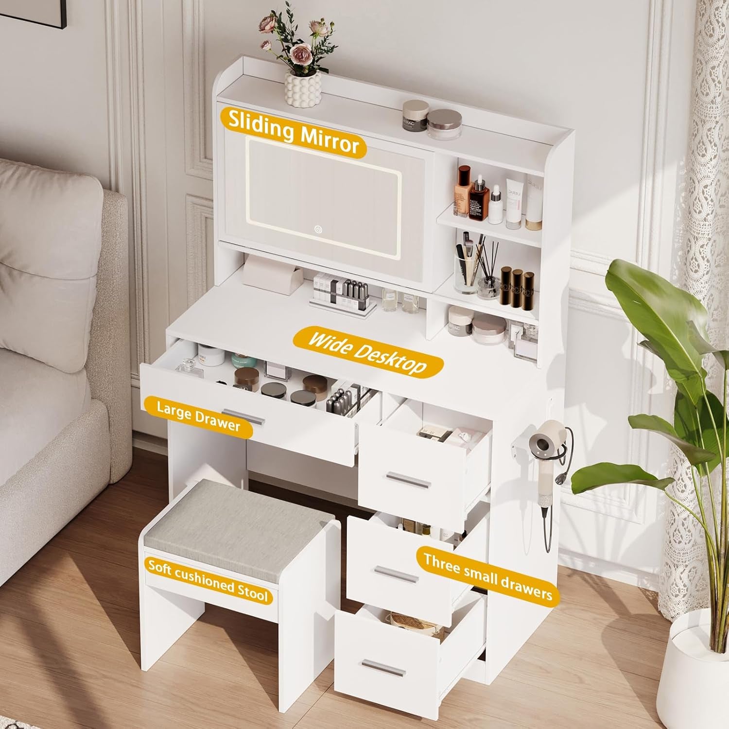 Vanity Desk with a Mirror and Lights，With Chair and Four Drawers, Three Adjustable Lighting Modes，With Power Outlet and Sliding LED Mirror,Bedroom Vanity Desk (White)