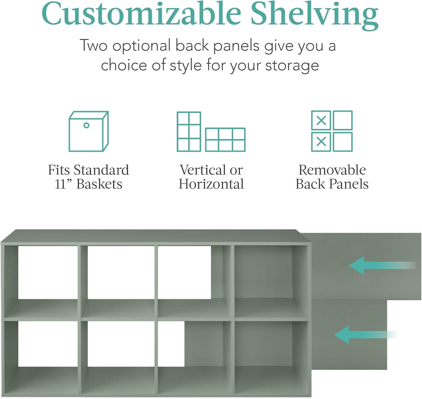 Kids Bookcase 8-Cube Storage Organizer, 11In Shelf Opening, Bookshelf, Toy Storage, Customizable W/ 3 Removable Back Panels – Sage