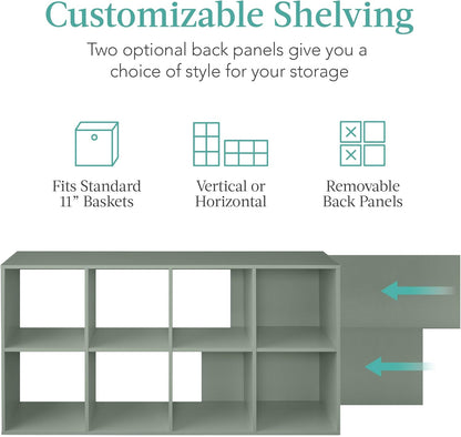 Kids Bookcase 8-Cube Storage Organizer, 11In Shelf Opening, Bookshelf, Toy Storage, Customizable W/ 3 Removable Back Panels – Sage