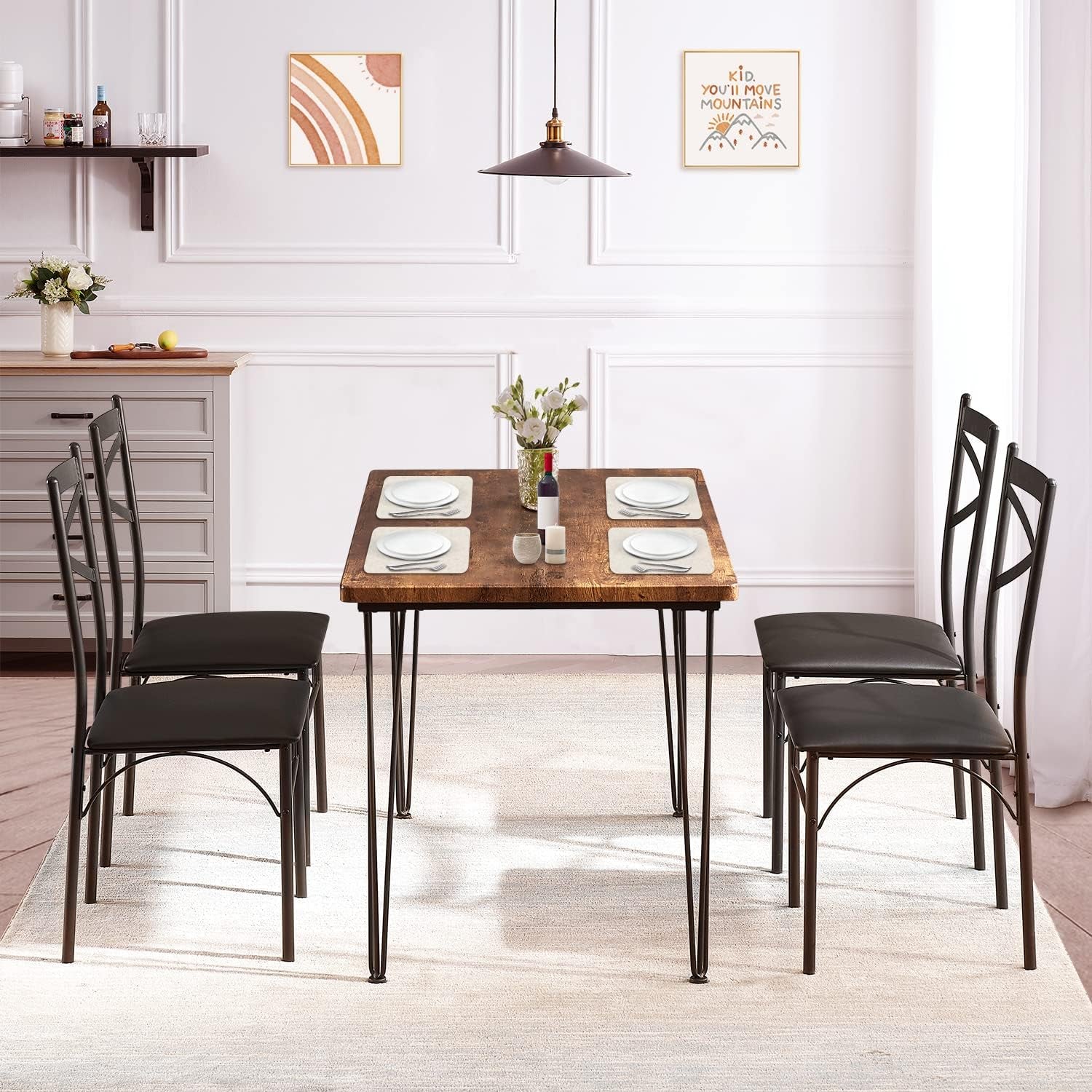 5-Piece Dining Table Set for Home Kitchen Small Space Breakfast Nook, 4 Faux Leather Metal Frame Chairs, Retro Brown