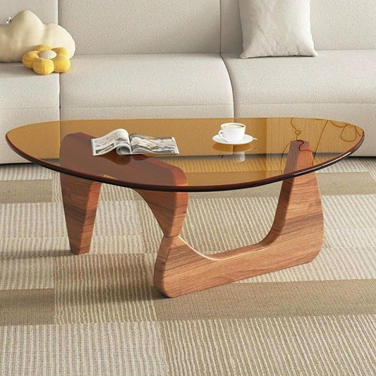 Modern Glass Coffee Table, 32.68" D X 22.44" W X 15.75" H, Abstract round Tea Tables for Living Room Home Office Industrial Cocktail Tables (Walnut-Brown Glass, 32.68")