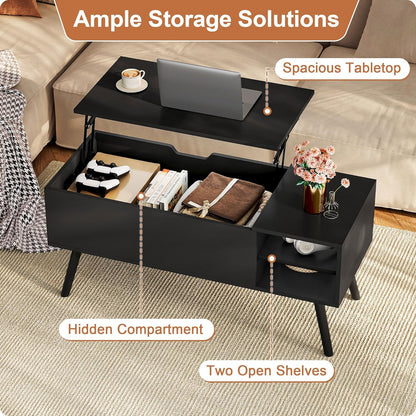 Black Lift Top Coffee Table with Hidden Storage Compartment, Solid Wood Legs & Open Shelves - 40" Pop up Coffee Tables for Living Room