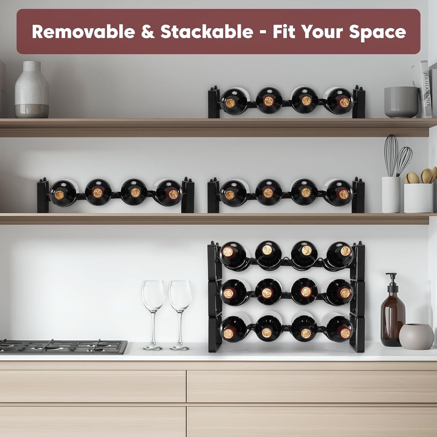 Stackable Wine Rack Countertop, 12 Bottles Wine Bottle Holder for inside Cabinet, Small Tabletop Wine Holder Stand for Pantry Bar, 3-Tier Angle Adjustable Wine Bottle Rack for Tight Spaces