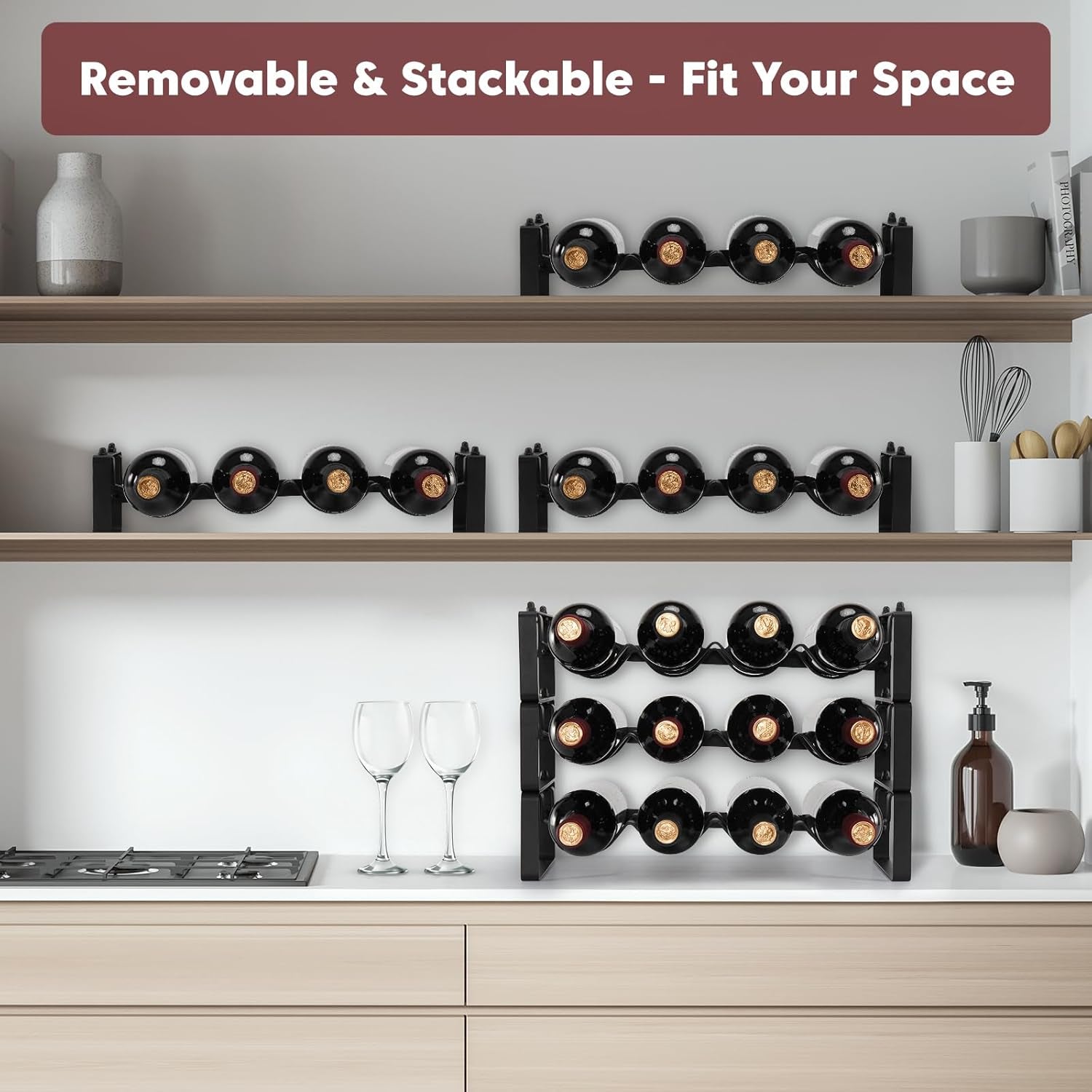 Stackable Wine Rack Countertop, 12 Bottles Wine Bottle Holder for inside Cabinet, Small Tabletop Wine Holder Stand for Pantry Bar, 3-Tier Angle Adjustable Wine Bottle Rack for Tight Spaces