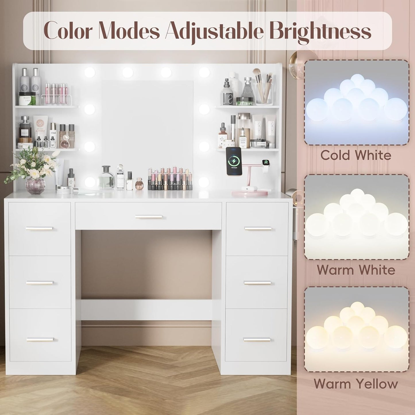 Vanity Desk with Mirror, Power Outlet and 10 Lights, Makeup Table with 7 Drawers, 3 Color Modes Available for Bedroom, Light White
