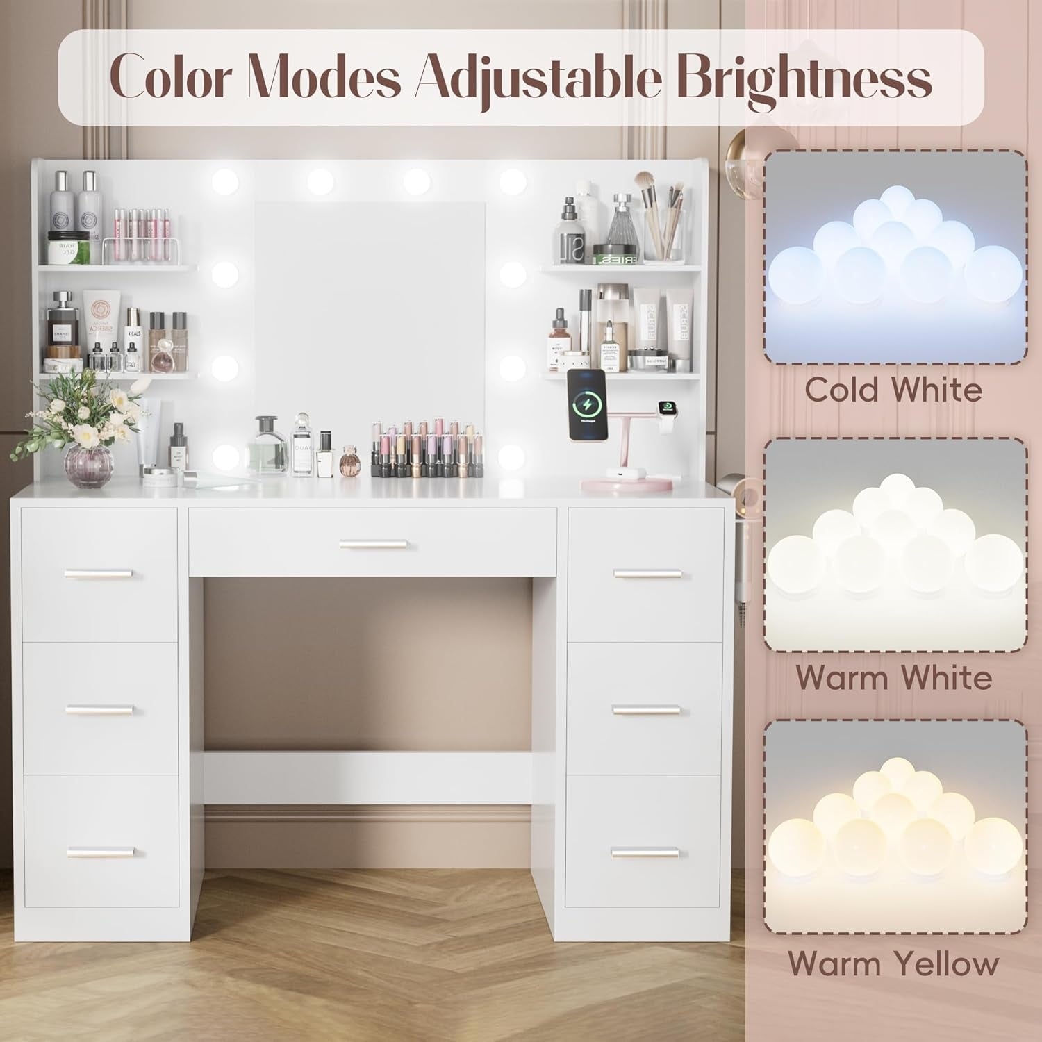 Vanity Desk with Mirror, Power Outlet and 10 Lights, Makeup Table with 7 Drawers, 3 Color Modes Available for Bedroom, Light White