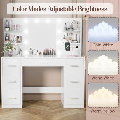 Vanity Desk with Mirror, Power Outlet and 10 Lights, Makeup Table with 7 Drawers, 3 Color Modes Available for Bedroom, Light White