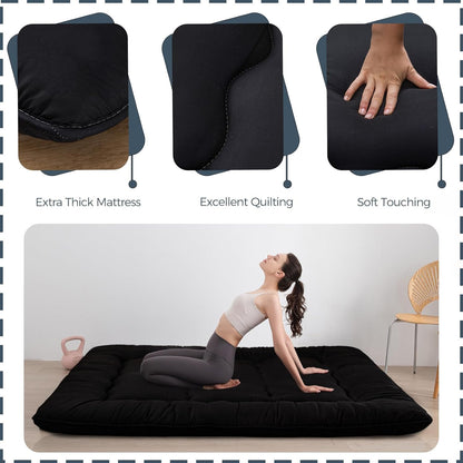 6" Thick Japanese Floor Mattress Futon Mattress, Foldable Tatami Pad for Adults, Roll up Floor Bed for Guest Room Bedroom RV, Black, Queen