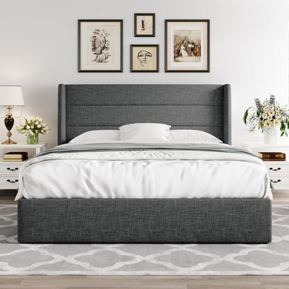 Queen Size Lift up Storage Bed, Modern Wingback Headboard, Hydraulic Support, No Box Spring Needed, Dark Grey