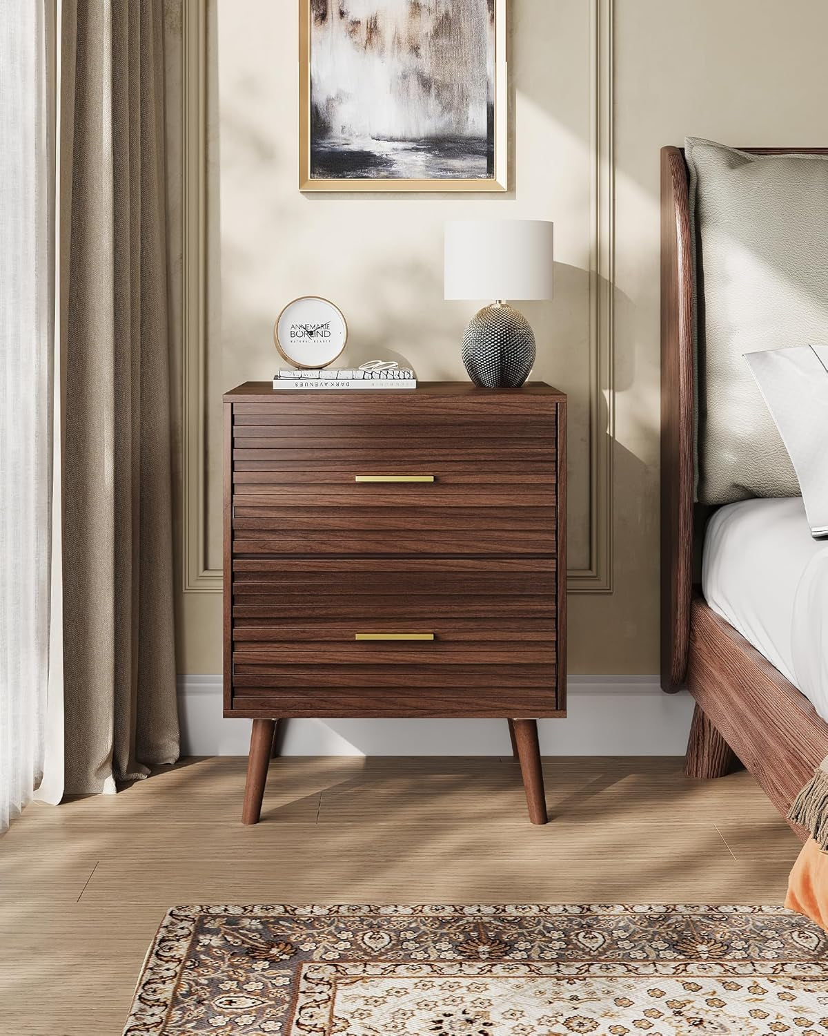 Wood Night Stand Set of 2 with 2 Drawers, Mid Century Modern Nightstand Sets, Fluted Bed Side Tables for Bedroom, Dorm, Living Room End Table