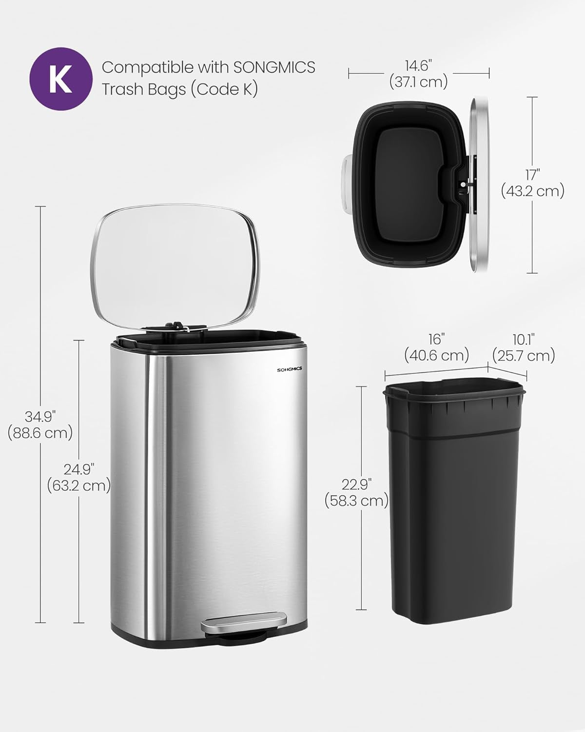 13 Gallon (50 L) Trash Can, Stainless Steel Kitchen Garbage Can, Recycling or Waste Bin, Soft Close, Step-On Pedal, Removable Inner Bucket, Silver ULTB050E01