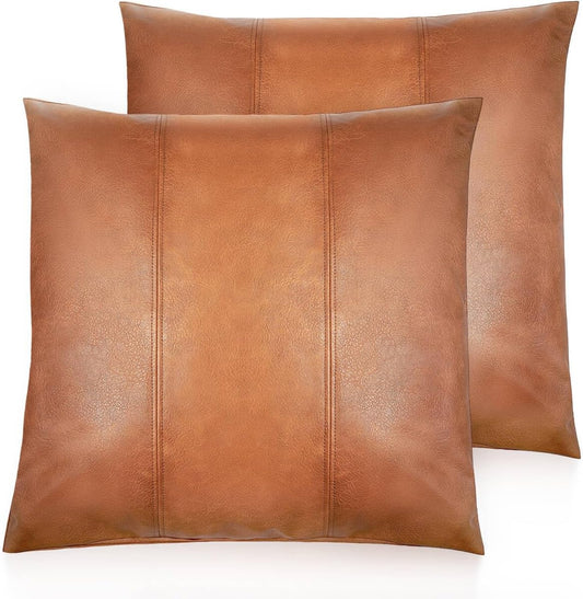 Faux Leather Throw Pillow Cover 18X18 Inch Set of 2 Brown Outdoor Modern Farmhouse Solid Decorative Pillow Covers for Room Couch Living Bedroom Bed Sofa