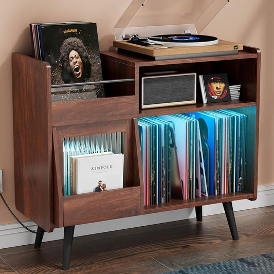 Large Record Player Stand with Sliding Door,350 Vinyl Record Storage Cabinet, Record Player Table with Power Outlet and LED Light,Turntable Stand with Wood Legs for Living Room,Office