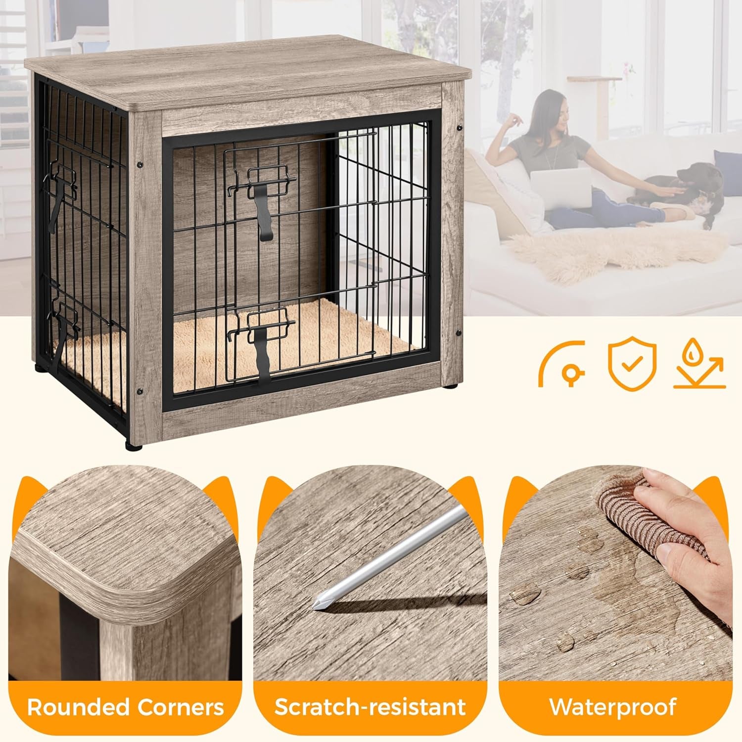 27.5'' Dog Crate Furniture with Cushion Wooden Dog Crate with Double Doors/Adjustable Feet Side End Table for Small/Medium Dogs, 27.5" L X 20" W X 24" H