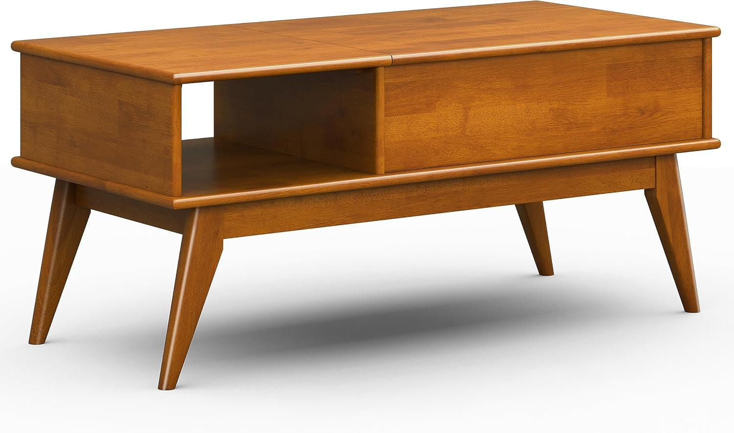 Draper Lift Top Coffee Table - 48 Inch Wide Solid Hardwood Mid-Century Modern Cocktail Table in Teak Brown, Functional Living Room Table with Storage Compartment, Open Shelf and Angled Legs