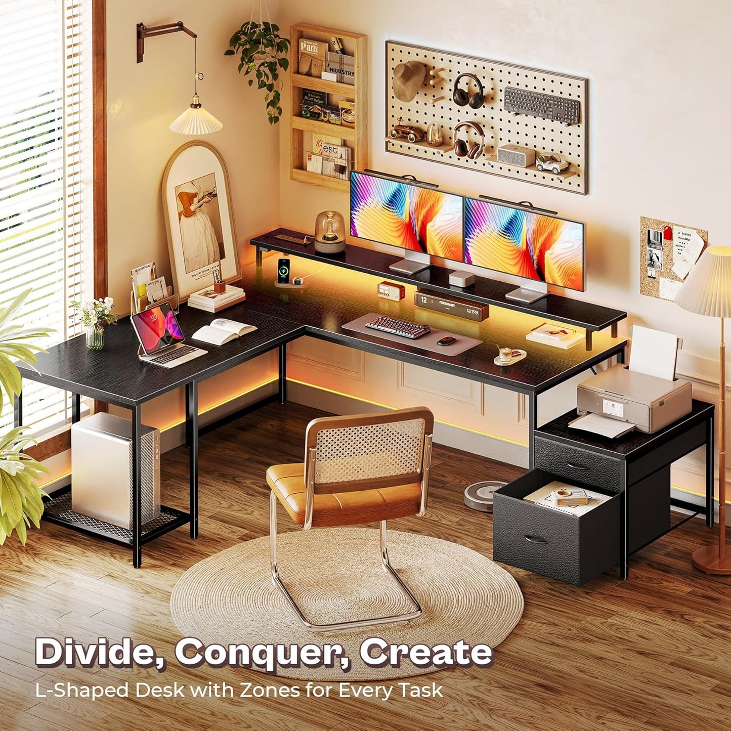 66" L Shaped Gaming Desk with LED Lights & Power Outlets, Computer Desk with Fabric Drawers and Print Stand, Corner Office Desk, Monitor Stand, Mesh CPU Stand, Black