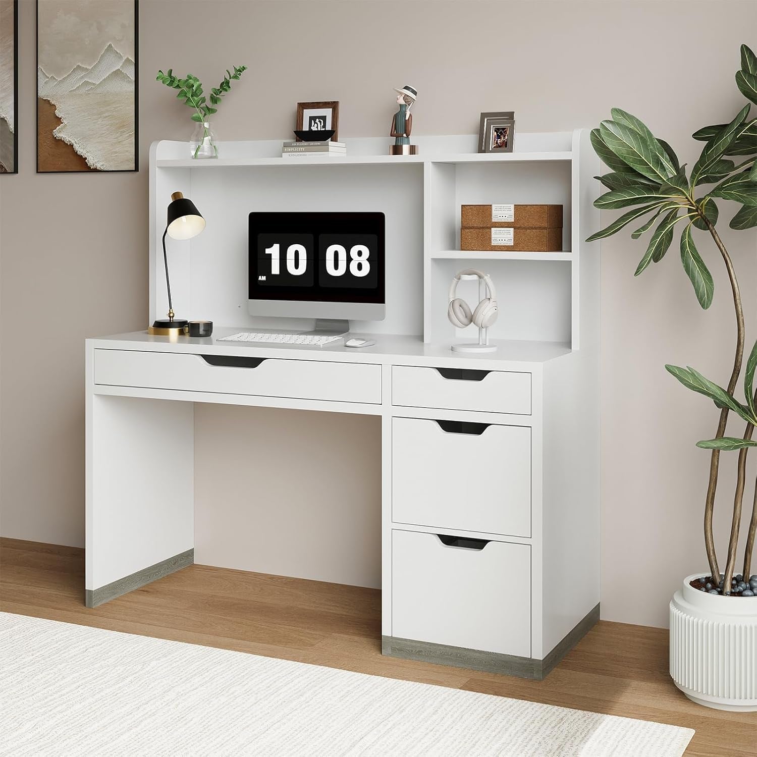 White Desk with Hutch and Drawers, 53 Inch Computer Desk with Storage File Drawer, White Study Desk with 4 Drawers for Bedroom, Small Space