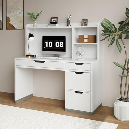 White Desk with Hutch and Drawers, 53 Inch Computer Desk with Storage File Drawer, White Study Desk with 4 Drawers for Bedroom, Small Space