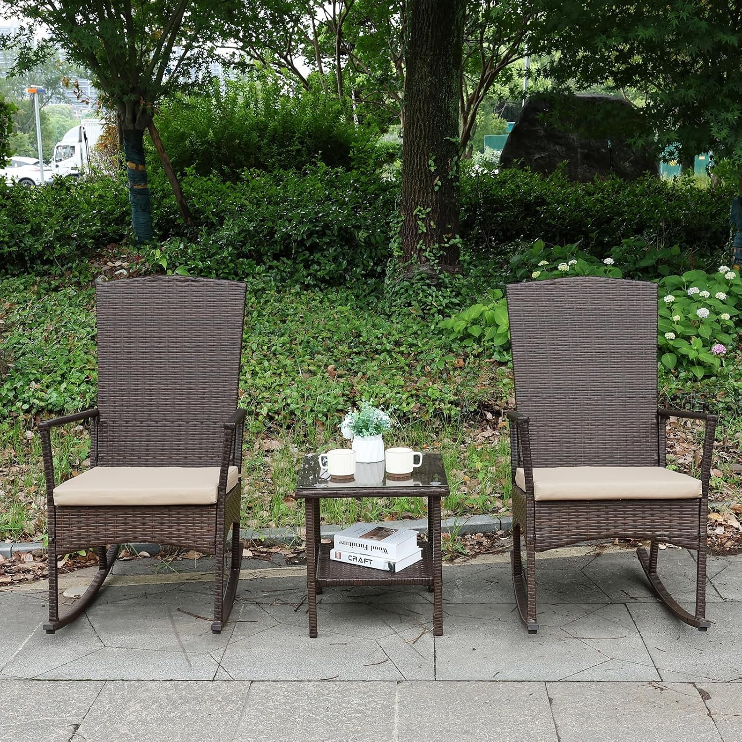 Outdoor Rocking Chair 3 Pieces High-Backed Rocking Chair Patio Rocking Chairs Outdoor Table, Khaki