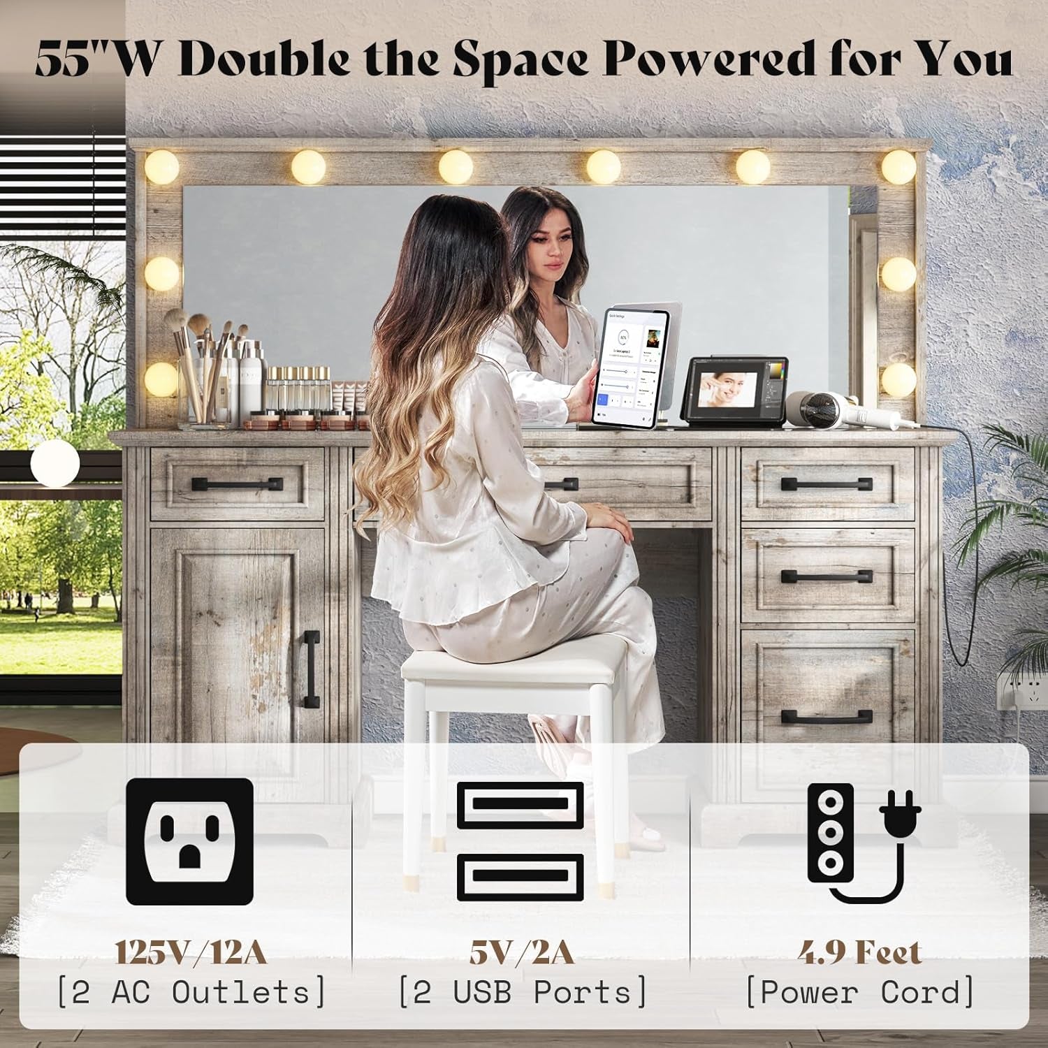 55" W Makeup Vanity with Hollywood Mirror, Glass Top Vanity with 5 Drawers & Charging Station, 10 Detachable Light Bulbs, Adjustable Brightness, Light Oak