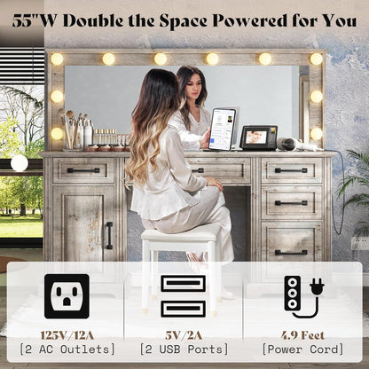 55" W Makeup Vanity with Hollywood Mirror, Glass Top Vanity with 5 Drawers & Charging Station, 10 Detachable Light Bulbs, Adjustable Brightness, Light Oak