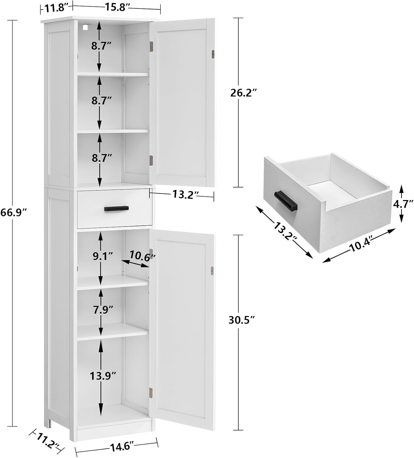 Tall Bathroom Cabinet, Storage Cabinet with 6 Shelves & Drawer, Bathroom Storage Cabinet with Adjustable Shelves, Tall Cabinet for Living Room, Home Office, White