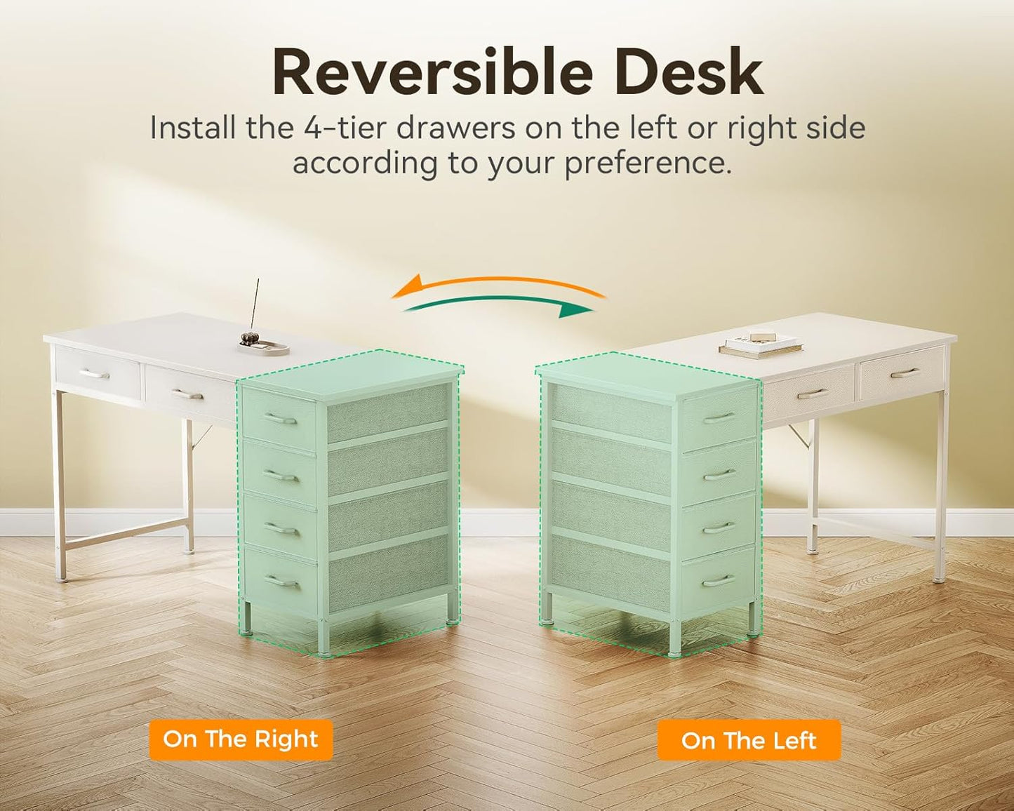 Computer Desk with 6 Drawers, 40 Inch Small Desk with Storage, Reversible Desk with Headphone Hook for Home Office, Work Study Table for Bedroom, White