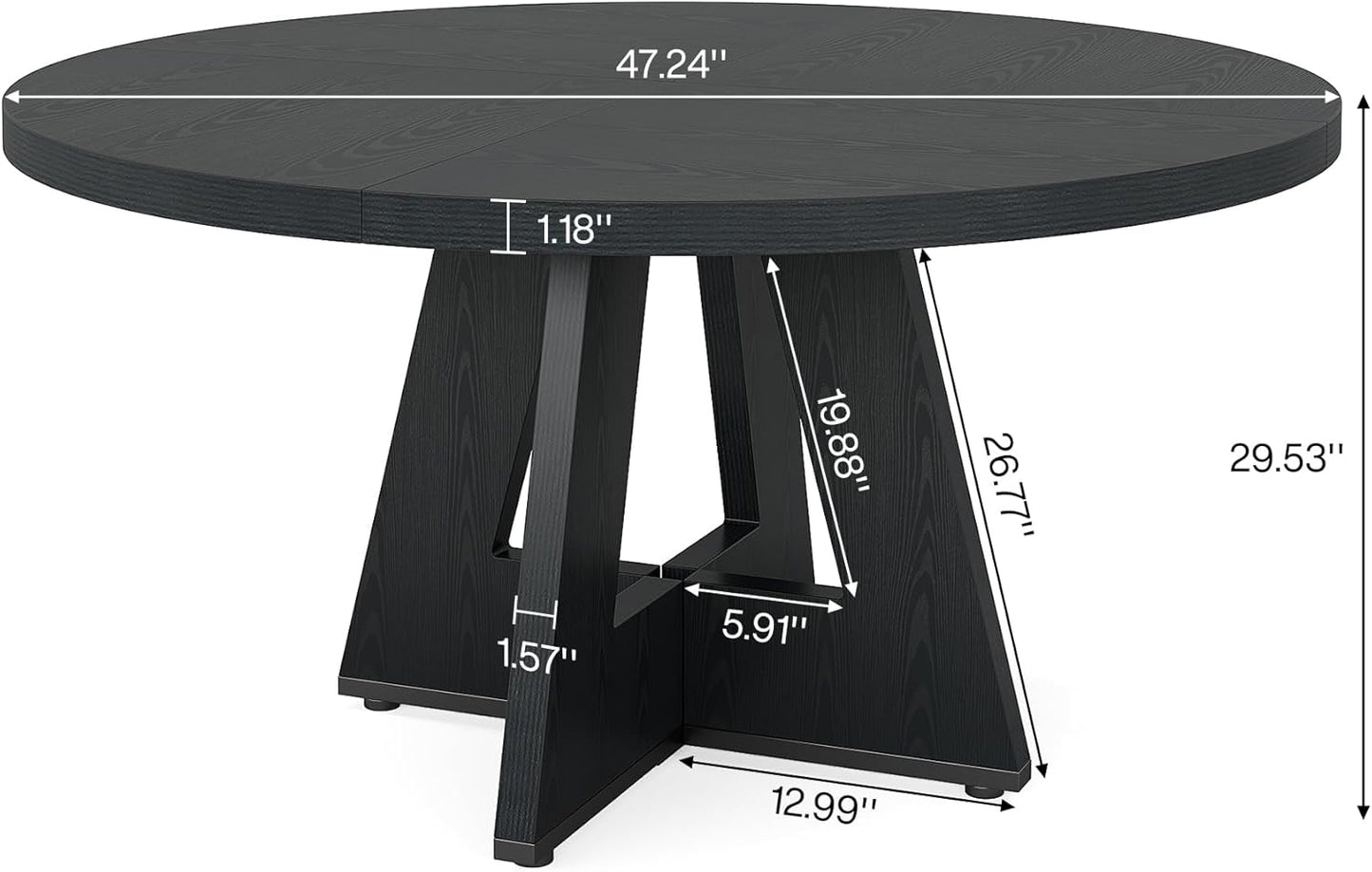 round Dining Table Wood Kitchen Table for Dining Room, 47 in Dinning Room Tables for 4 Man, Farmhouse Dinner Table with Wooden Tabletop and Cross Base, Black