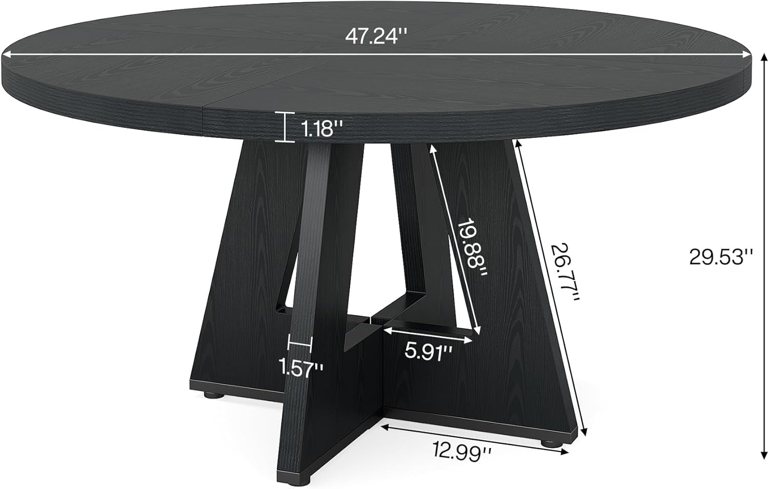 round Dining Table Wood Kitchen Table for Dining Room, 47 in Dinning Room Tables for 4 Man, Farmhouse Dinner Table with Wooden Tabletop and Cross Base, Black