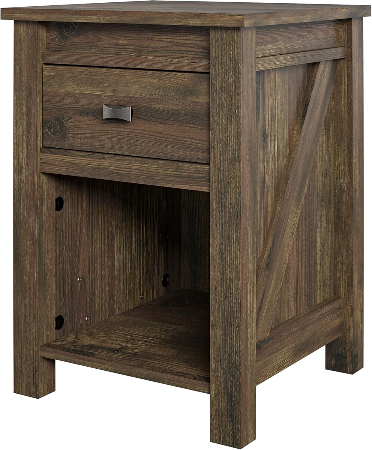 Farmington Country Style Nightstand with Barn Door Design, Concealed Drawer and Open Cubby, Textured Weathered Medium Brown Finish
