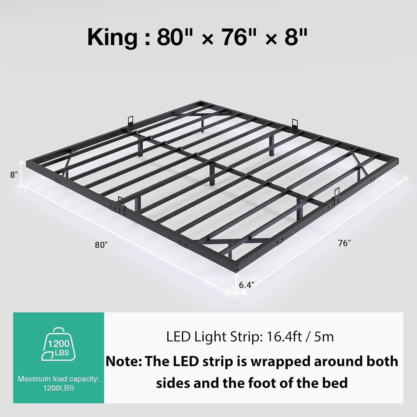 Floating Bed Frame with LED Lights, Modern Platform King Size Bed Frame with Mattress Slide Stopper, Easy Assembly, No Box Spring Needed, Noise Free